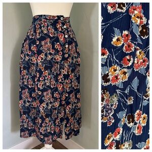 Vintage 90’s Midi Skirt, LizWear Navy Floral, Rayon, Button Up, Pockets, 2P